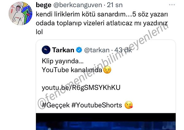 Dün Tarkan'ın yeni şarkısı 'Geççek'le ilgili yorum yapanların arasına Berkcan Güven de katıldı.