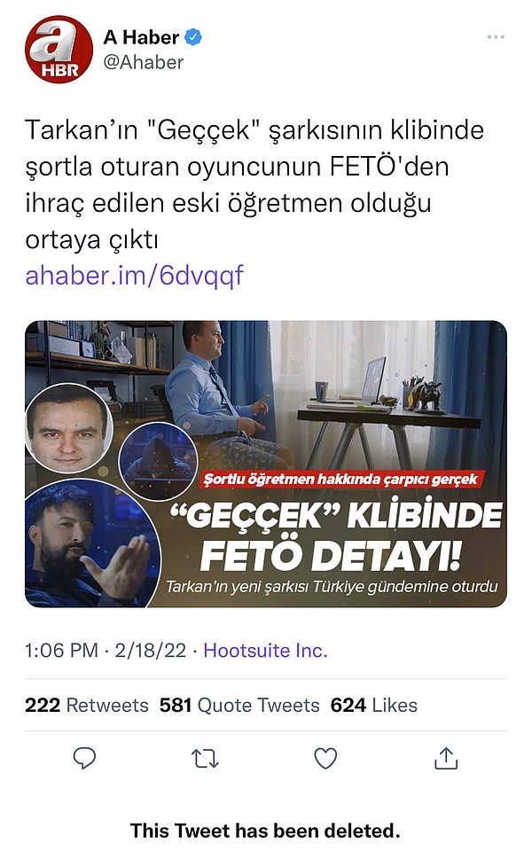 A Haber de bu tartışmadan eksik kalmayarak 'Geççek' klibinde yer alan erkek oyuncunun, FETÖ'den ihraç edilen eski bir öğretmen olduğu iddiasını ortaya attı.