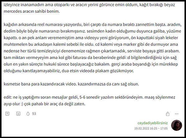 O numara bırakılan aracın sahibi, videoyu şans eseri Ekşi Sözlük'te gördü. Olayın arka yüzünü de bir güzel anlattı...