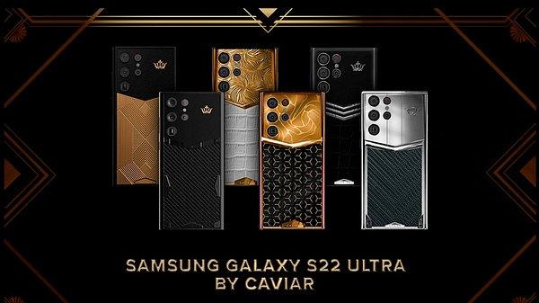 Caviar'ın Galaxy S22 Ultra koleksiyonunda 24 ayar altın, hafif titanyum ve karbon fiber seçenekleri bulunuyor.