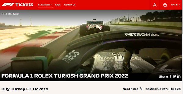 Formula 1'in internet sitesinde yer alan sayfa şu şekilde