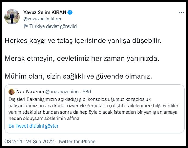 Twitter'dan 'Yanlış anlamaya neden olduysam sözlerimin affına' diyen Naz Nazenin'e Dışişleri Bakan Yardımcısı Yavuz Selim Kıran cevap verdi: 👇