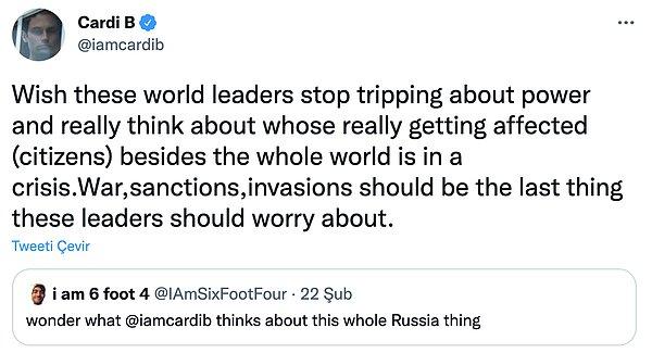 22 Şubat'ta bir takipçisi Cardi B'ye Rusya ve Ukrayna krizi hakkında ne düşündüğünü sordu.