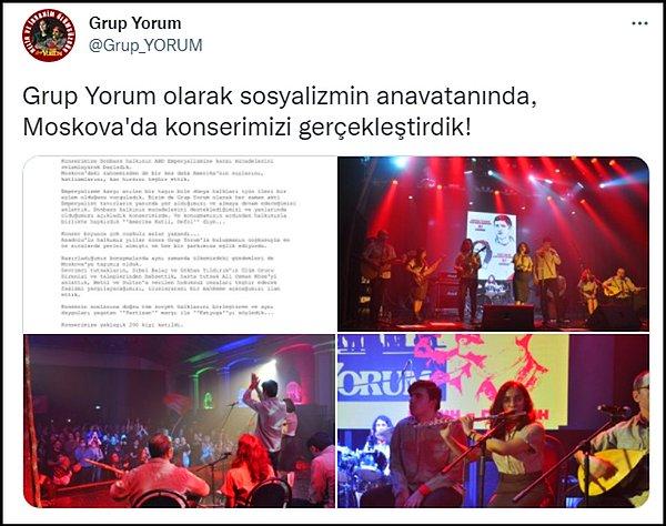 Grubun Twitter hesabından yapılan paylaşımda konserden fotoğraflar paylaşılarak "Grup Yorum olarak sosyalizmin anavatanında, Moskova'da konserimizi gerçekleştirdik!" denildi.