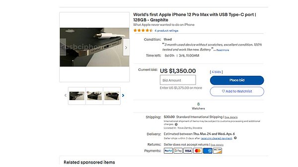 Ebay'da açık artırma ile satılan USB-C'li iPhone 12 Pro Max, 6 Mart'a kadar satışta olacak.