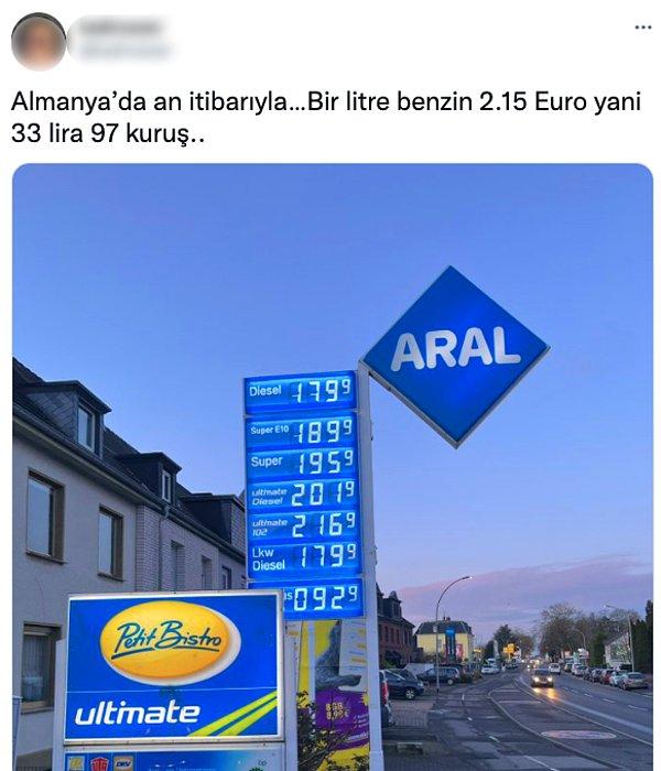 Twitter'da Almanya'da Euro kazanan kişilerin Euro ile ödeme yaptıkları benzinin fiyatını Türk Lirasına çeviren bir kullanıcı gündem oldu.