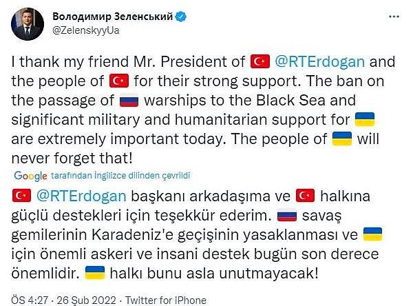 Zelenskiy Türkiye Teşekkür Mesajı