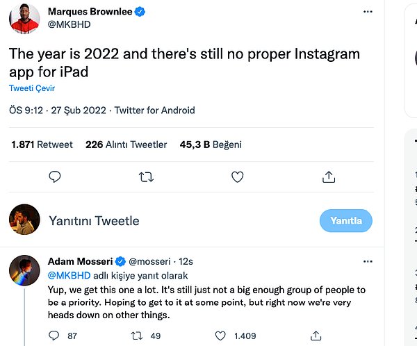 Mosseri, ünlü YouTuber Marques Brownlee'nin iPad uygulaması hakkındaki tweetine cevap verdi.
