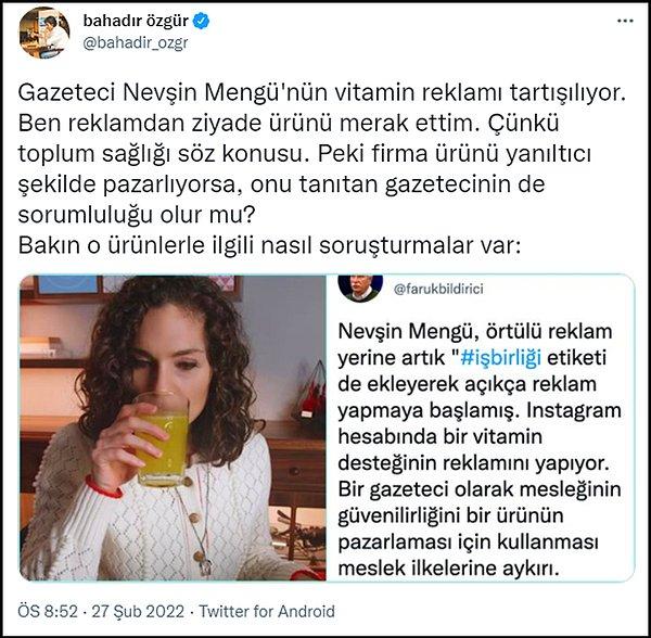 BirGün yazarı Bahadır Özgüri sosyal medya hesabından Nevşin Mengü’nün reklamını yaptığı ürünü araştırıp elde ettiği bulguları paylaştı. 👇