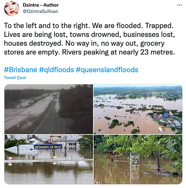 4. "Sağdan sola sular altındayız. Hapsolduk. Hayatlar kaybediliyor, kasabalar sular altında kalıyor, işletmeler kaybediliyor, evler yıkılıyor. Giriş yok, çıkış yok, marketler boş."