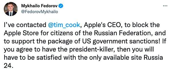 Fedorov Apple’ın Rusya merkezli ürün satışlarını bitirmesini istemişti. Aynı zamanda uygulama marketi App Store’a erişimin kapatılmasını da söylemişti.