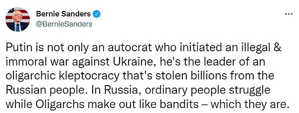 "Putin sadece Ukrayna'ya karşı yasadışı bu savaşı fitilleyen bir otokrat değil, aynı zamanda Rusya halkından milyarlarca dolar çalan oligarşik bir hırsız rejiminin lideri."