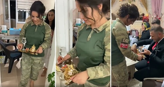 Kendisini İstemeye Gelen Müstakbel Eşine Askeri Üniforma ve Topuklu Ayakkabılar ile Kahve İkram Eden Kadın
