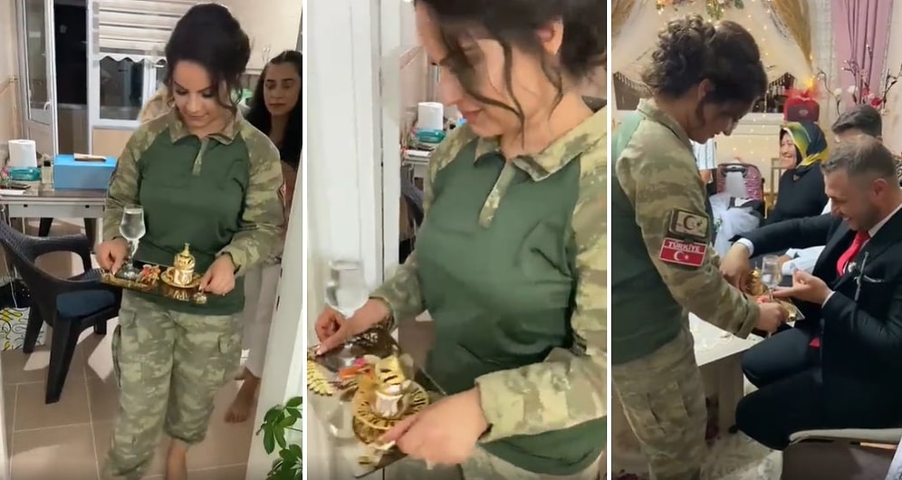 Kendisini İstemeye Gelen Müstakbel Eşine Askeri Üniforma ve Topuklu Ayakkabılar ile Kahve İkram Eden Kadın