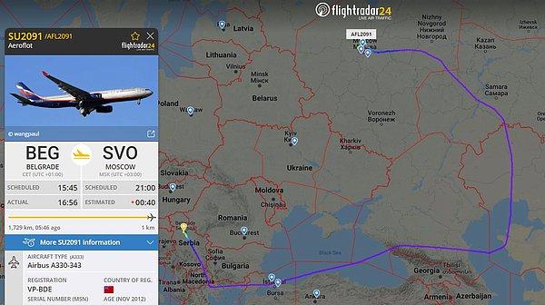 Pazar günü, Rus Aeroflot uçuşu SU2091, Belgrad'dan Moskova'ya seyahat ederken Bulgaristan, Moldova ve Romanya'nın yanından incelikli bir eğri çizdi. Bu, yolculuk süresine üç saat 40 dakika ekledi.