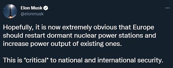 Nükleer enerji hakkındaki düşüncelerini içeren açıklamayı Elon Musk Twitter hesabı üzerinden yaptı.