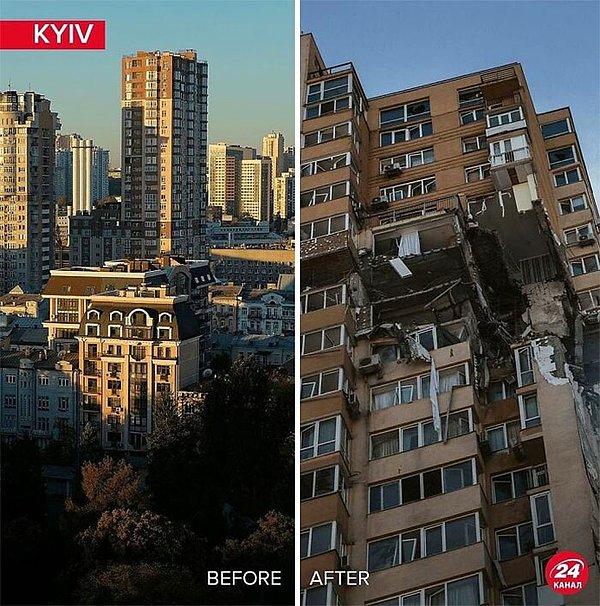 İnternette videosu dolaşan ve Rusya'nın füzesiyle vurulan bu yüksek bina da öncesi ve sonrası ile gündeme geldi.