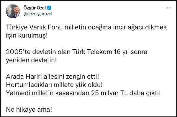 Türk Telekom'un çoğunluk hisselerinin TVF tarafından alınıyor olması sosyal medyanın da gündemindeydi. CHP'li Özgür Özel, vatandaşın cebinden çıkacak 25 milyar TL'ye dikkat çeken bir paylaşım yaptı.👇
