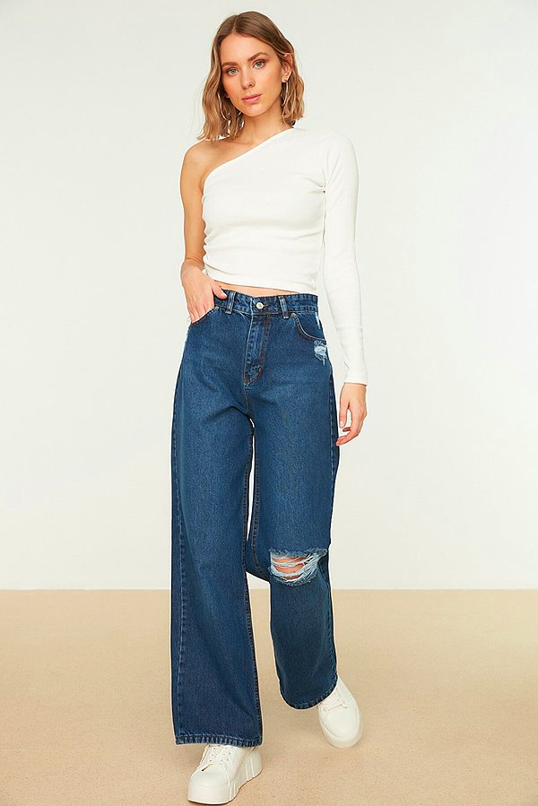 9. TRENDYOLMİLLA Koyu Mavi Yırtık Detaylı Yüksek Bel Wide Leg Jeans