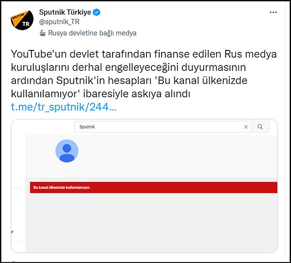 Sputnik Türkiye'nin de YouTube sayfasına an itibarıyla erişilemiyor. 👇