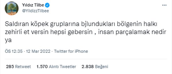 Tilbe, Twitter üzerinden yaptığı paylaşımda sokakta yaşayan köpekleri hedef alarak 'Bölge halkı zehirli et versin hepsi gebersin' dedi. 👇