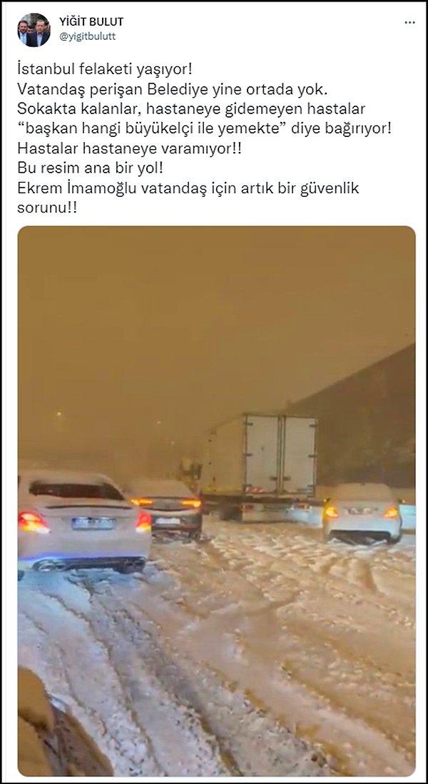Cumhurbaşkanı Erdoğan'ın danışmanı Yiğit Bulut da aynı yolun fotoğrafını paylaşarak, "Vatandaş yine perişan belediye ortada yok. Ekrem İmamoğlu vatandaş için bir güvenlik sorunu!' ifadelerini kullandı.