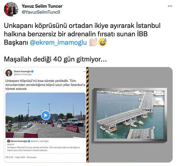 Fotoğrafa da "Unkapanı Köprüsü'nü ortadan ikiye ayırarak İstanbul halkına benzersiz bir adrenalin fırsatı sunan İBB Başkanı" yazarak Ekrem İmamoğlu'nu etiketledi.