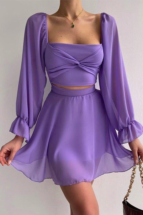 10. Lila renk bel detaylı tül elbise harika görünüyor!🤩