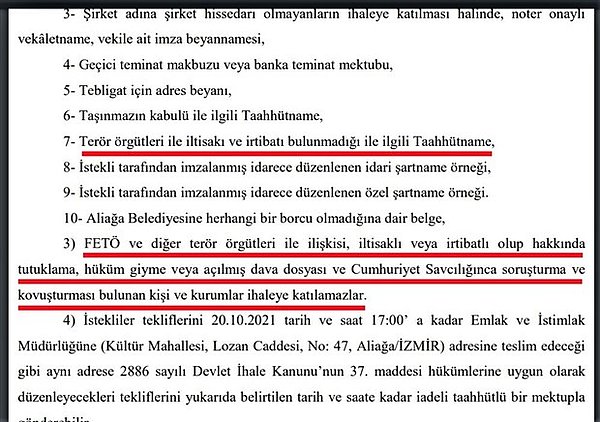 Aliağa Belediyesi’nin son arsa satışı ilanında ise söz konusu şarta yer verilmedi.