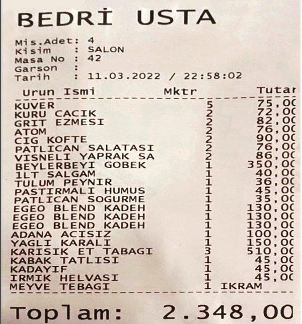 Kalamış, Bedri Usta'nın fiyatları biraz tuzlu. Kuru cacık 41 TL, Adana 100 TL, kadeh şarap 130 TL gibi ilginç detaylar var.