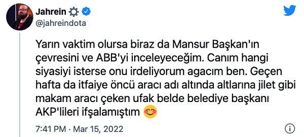 Paylaştığı çeşitli belgelerle İBB ihaleleri hakkında dair şüphelerini dile getirmiş olan Jahrein ayrıca bir sonraki hedefinin de Ankara Büyükşehir Belediyesi olduğunu söyledi.
