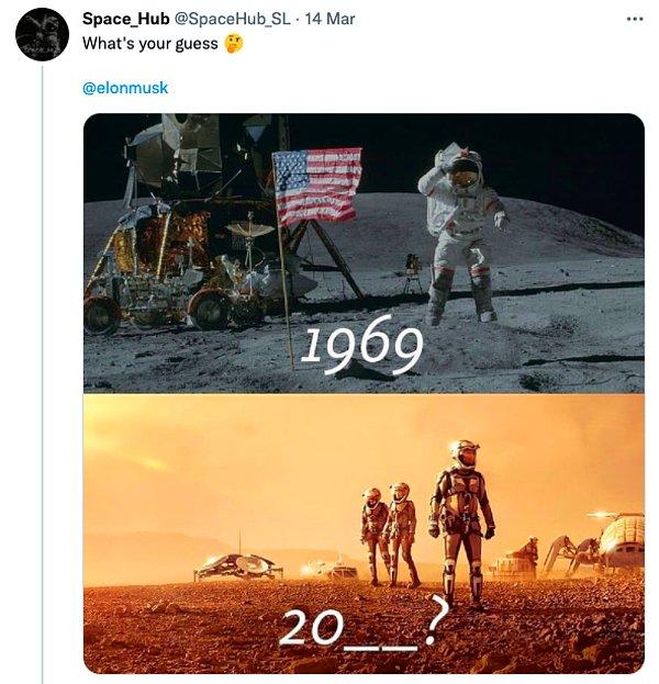 Twitter'da @Space_Hub tarafından yapılan bir paylaşımda insanların Mars'a ne zaman ineceğine dair tahminde bulunulması istendi.