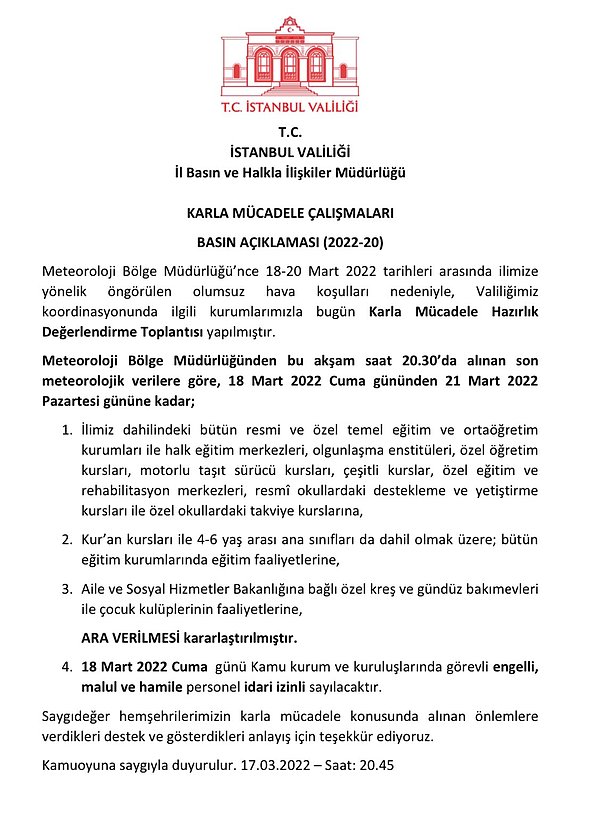 18 Mart Cuma İstanbul'da Okullar Tatil!