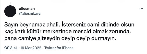 Kullanıcının ilk tweeti pek çok kullanıcıyı ikiye böldü ve kullanıcıya tepkiler de gecikmedi. En son Ali Osman isimli kullanıcı her kültür merkezinde mescit olması gerektiğini savundu.