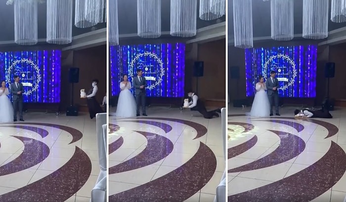 Düşenin Dostu Olmuyormuş... Düğünde Gelin ile Damada Pasta Götürürken Yere Düşen Garsonun Zor Anları