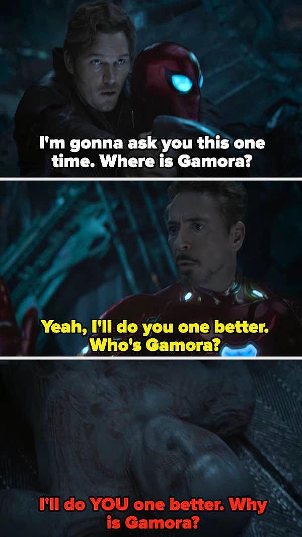9. Avengers: Infinity War filminde Peter'ın, Tony Stark'a Gamora'nın nerede olduğunu sorduğu sahneyi hatırlayalım.