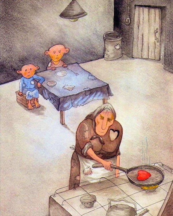 Hiç kuşkusuz internet aleminin ilk görsellerinden biri olan bu "aç çocukları için kalbini pişiren anne" çizimini görmeyeniniz yoktur.
