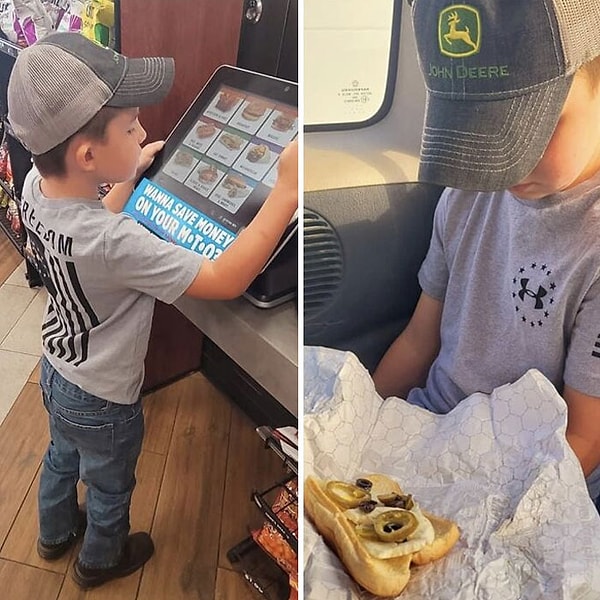 3. Он отказался позволить мне помочь ему заказать еду, потому что он «большой мальчик». Теперь он сидит как сумасшедший со своим яйцом на булочке для хот-дога с перцем халапеньо и черными оливками