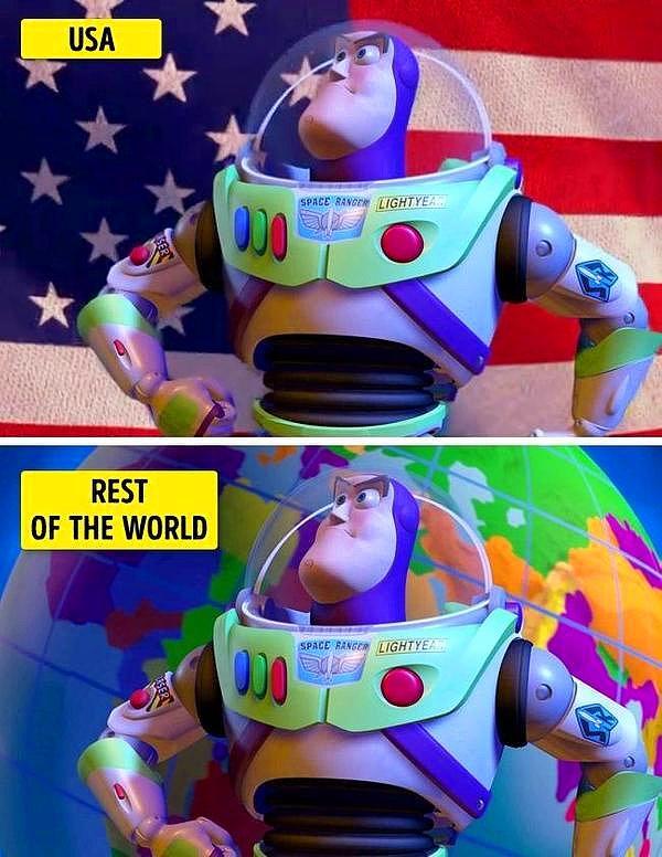 1. Buzz Lightyear, Oyuncak Hikâyesi 2'de bir Amerikan bayrağının önünde poz veriyor. Ancak bayrak, filmin uluslararası sürümlerinde dünya ile değiştirildi.