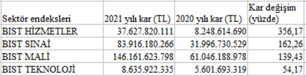 Borsa İstanbul'da sektör endeksleri altında işlem gören şirketlerin 2020 ve 2021 yılındaki kar ve değişim oranları şu şekilde: