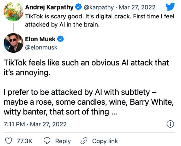 Musk’ın tweeti ise “TikTok, sinir bozucu olduğu kadar bariz bir yapay zeka saldırısı gibi hissettiriyor. Yapay zeka tarafından incelikle saldırıya uğramayı tercih ederim. Belki bir gül, biraz mum, şarap, Barry White, şakalar yani bu tür şeylerle…” şeklindeydi.