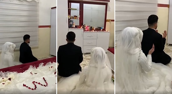 Gerdeğe Girecekleri Yatak Odasında Namaz Kılan Gelin ile Damat O Anları da Fotoğrafçıya Kaydettirdiler