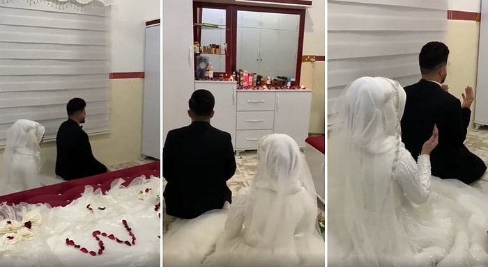 Gerdeğe Girecekleri Yatak Odasında Namaz Kılan Gelin ile Damat O Anları da Fotoğrafçıya Kaydettirdiler