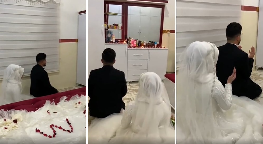 Gerdeğe Girecekleri Yatak Odasında Namaz Kılan Gelin ile Damat O Anları da Fotoğrafçıya Kaydettirdiler