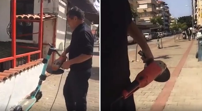 İşletmesinin Önüne Bırakılan Scooterlara Sinirlenen Esnaf Bela Okuyarak O Scooterları Kesti