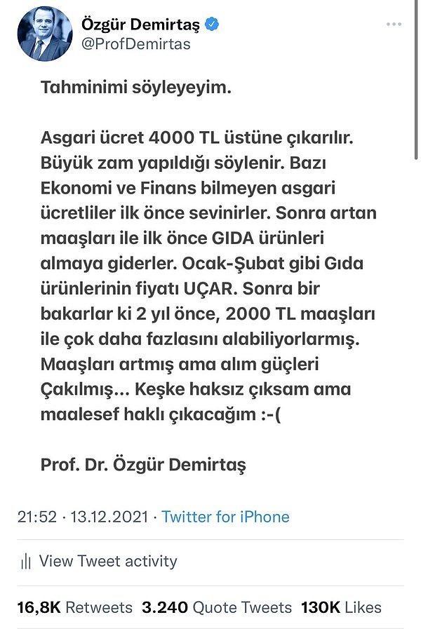 Ünlü ekonomist Özgür Demirtaş da bu twitini 👇 hatırlatarak zam haberleri eşliğinde geçmiş olsun dileklerini sundu