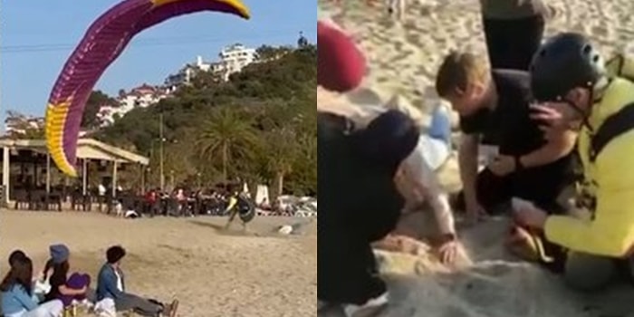Sahilde Ailesiyle Yürürken Üstüne Yamaç Paraşütçüsü Düşen Turist Kadının Çaresiz Anları Anbean Kaydedildi