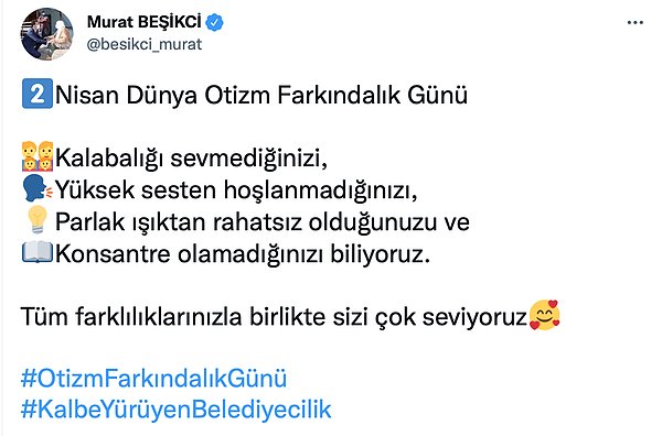 Otizmli bireylerin nelerden hoşlanıp nelerden hoşlanmadıklarını, ne yaptıklarını bilmek önemli. Atılan tweetler ile de bu farkındalık yaratılmaya çalışılıyor 👇