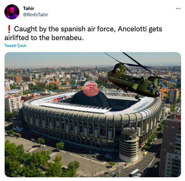 13. "İspanyol hava kuvvetleri tarafından yakalanan Ancelotti, Santiago Bernabéu Stadyumu'na doğu yola çıkar."