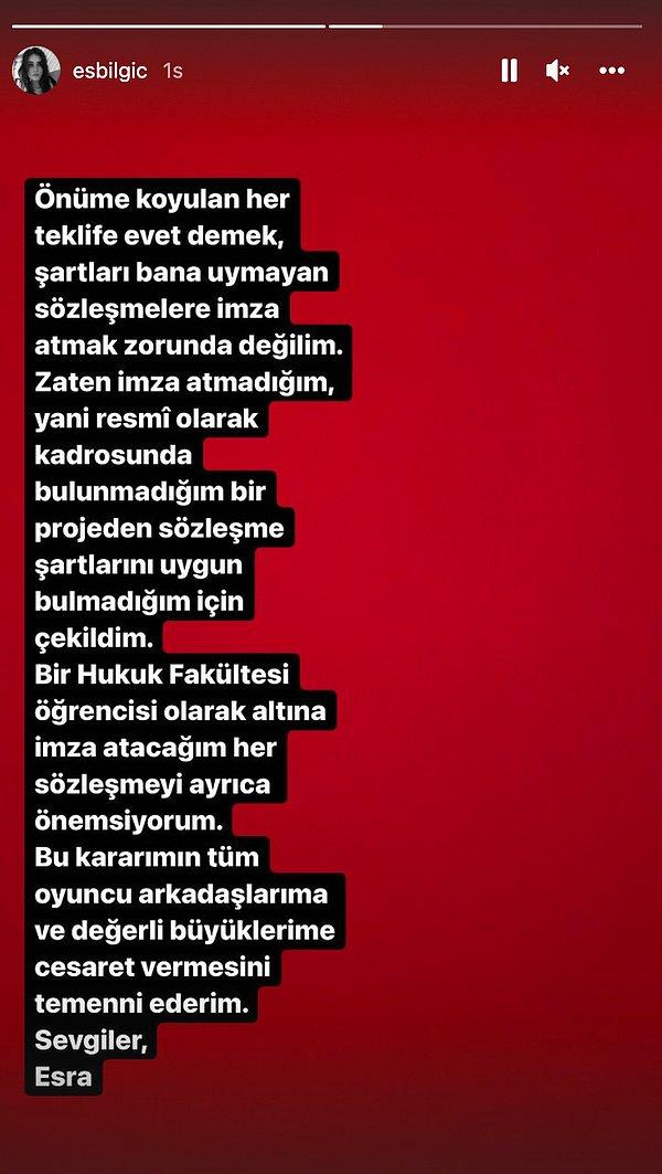 Tüm bu iddialarından ardından Esra Bilgiç sonunda sessizliğini bozdu ve Instagram hesabından konu ile ilgili bir açıklama yaptı.